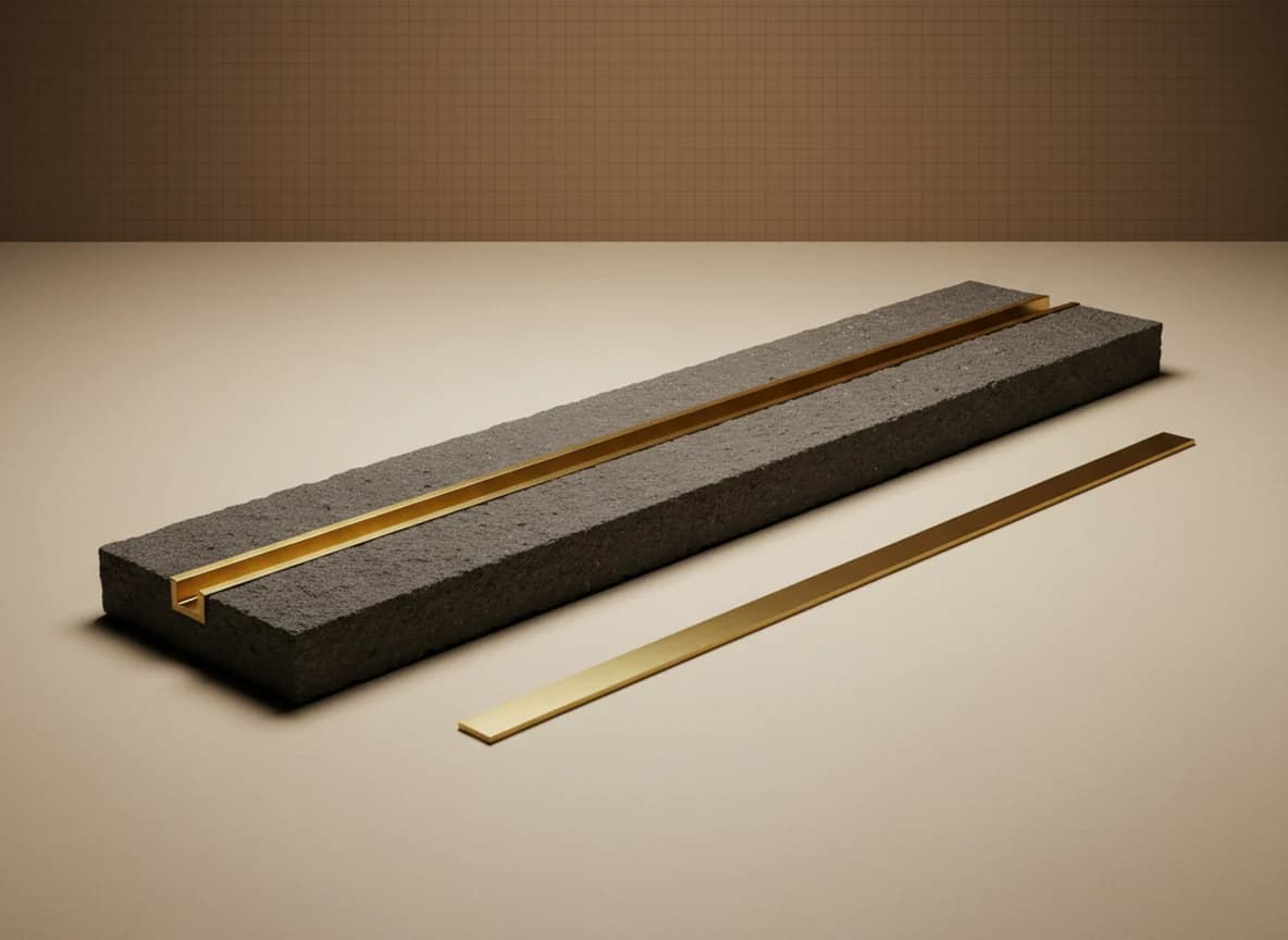 A brass strip inlaid flush along a groove in a long stone slab, with a second loose brass strip lying on the floor beside it