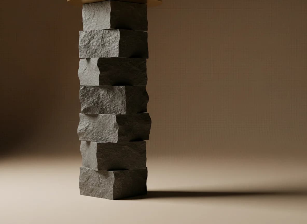A tall stack of eight rough stone blocks topped by one thin polished brass plate