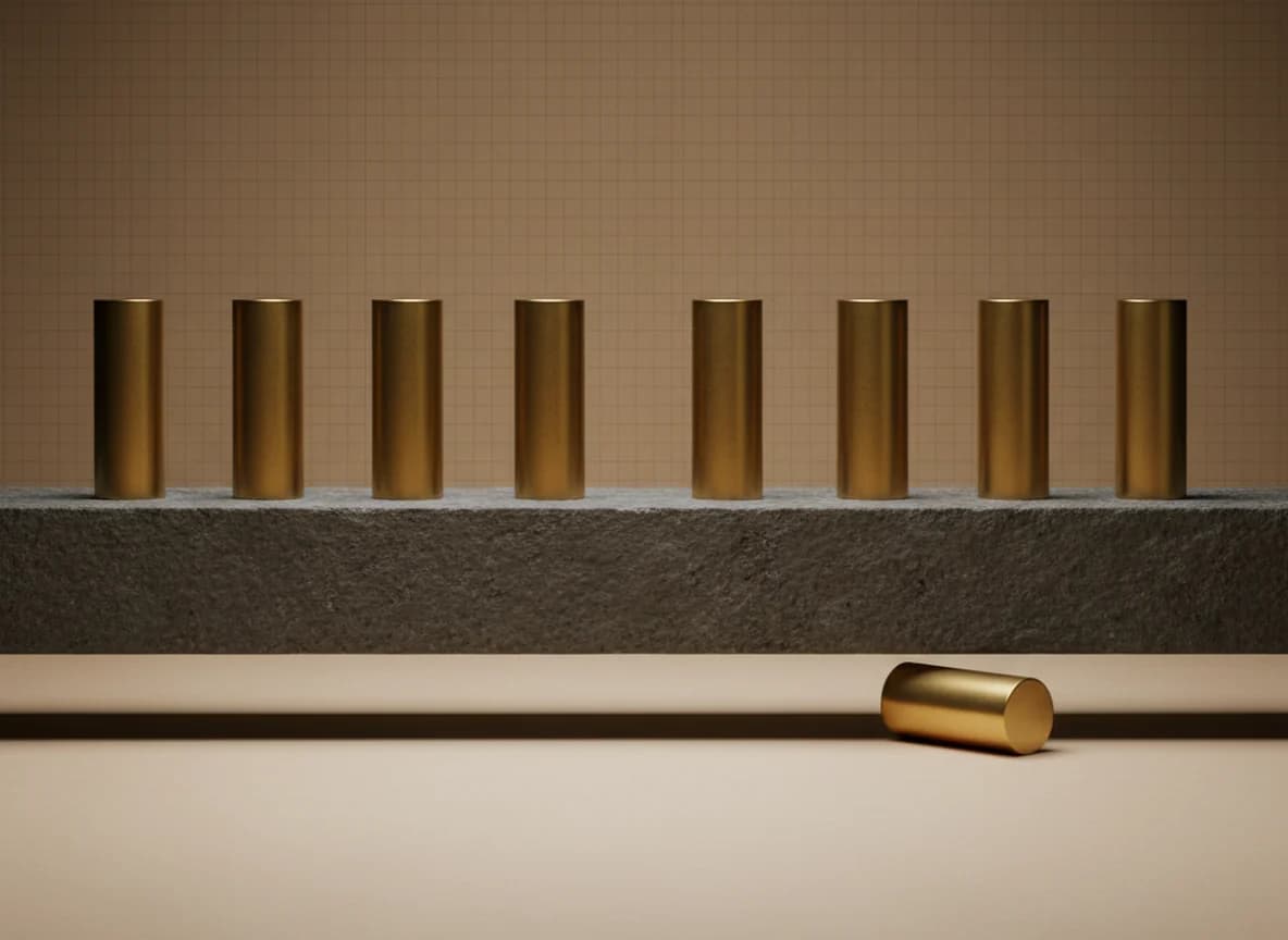 A row of evenly spaced brass cylinders on a stone ledge with two empty gaps, and one cylinder lying on the floor below
