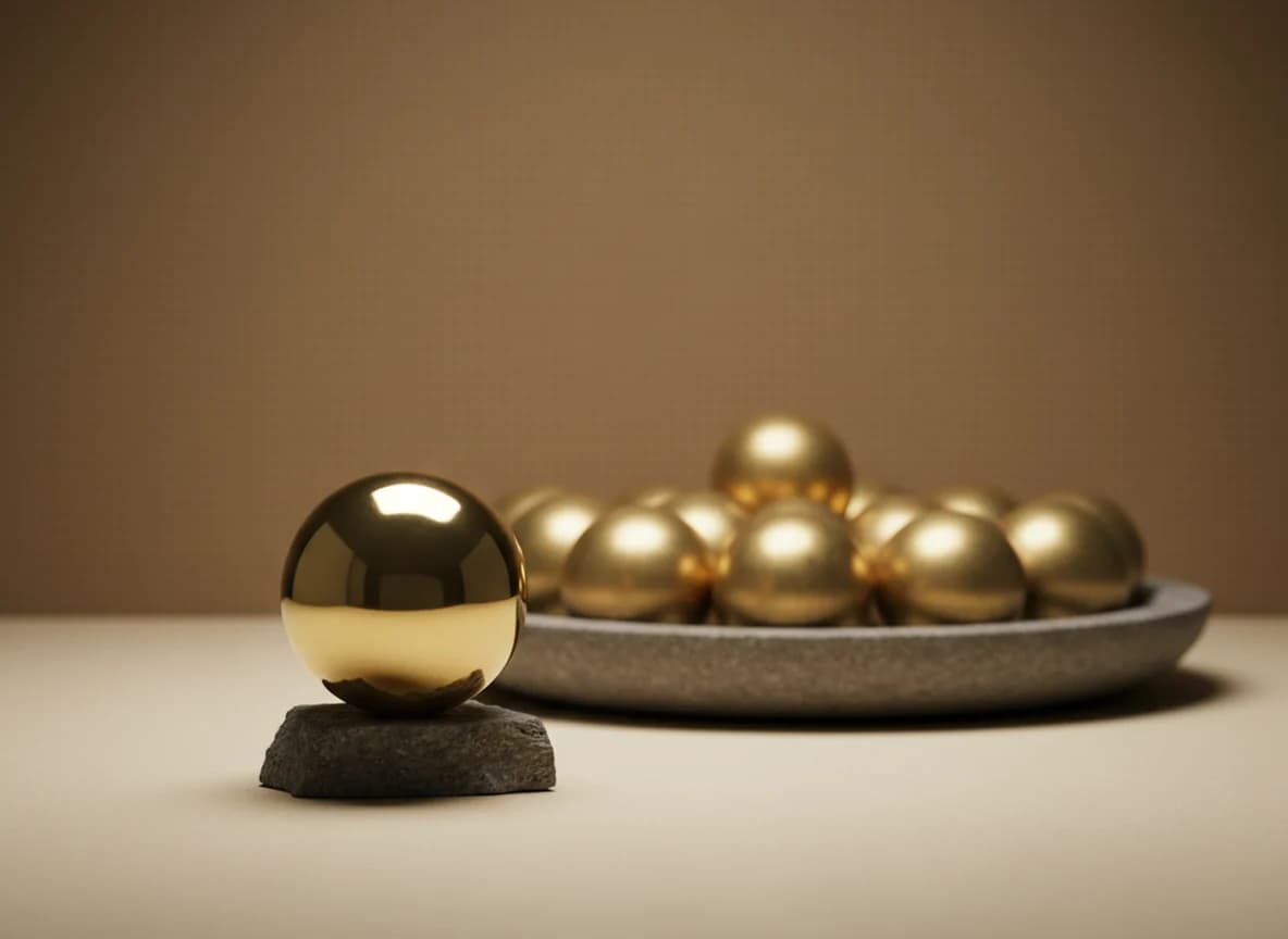 One mirror-polished brass sphere on a small stone plinth in front of a wide stone tray of matte unpolished brass spheres