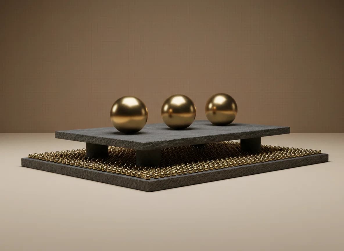 A low stone slab covered in small brass beads with a smaller slab raised on posts above it carrying three large brass spheres