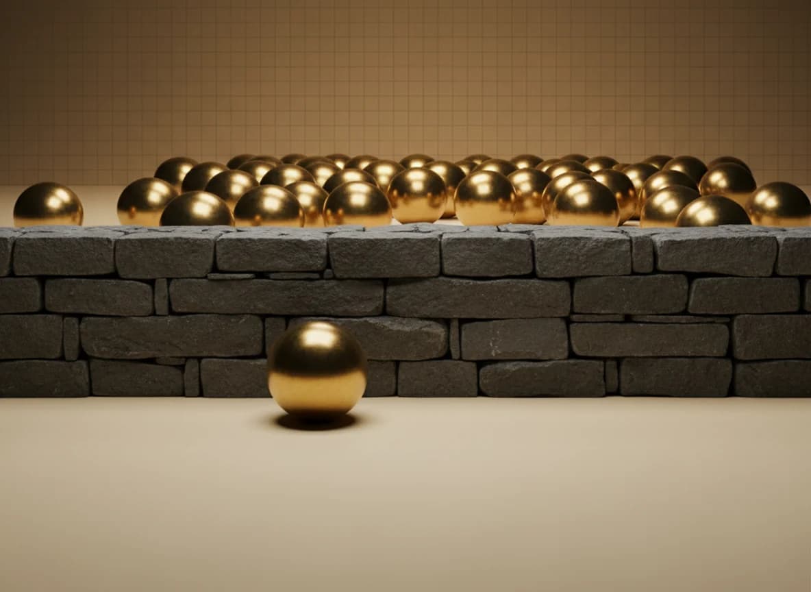 A single brass sphere stopped against a low stone wall with a wide field of identical spheres spread out behind it