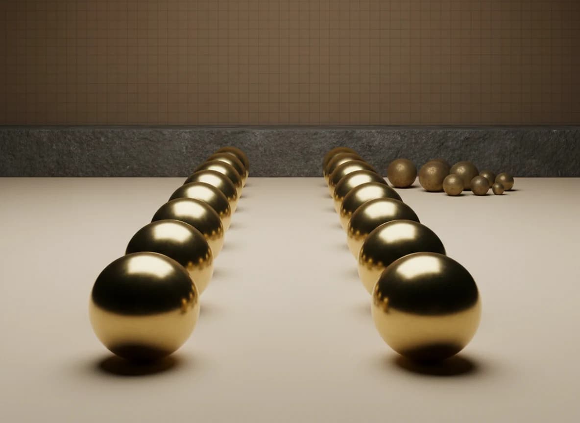 Two receding rows of brass spheres, one uniform and polished throughout, the other shrinking and dulling toward the back