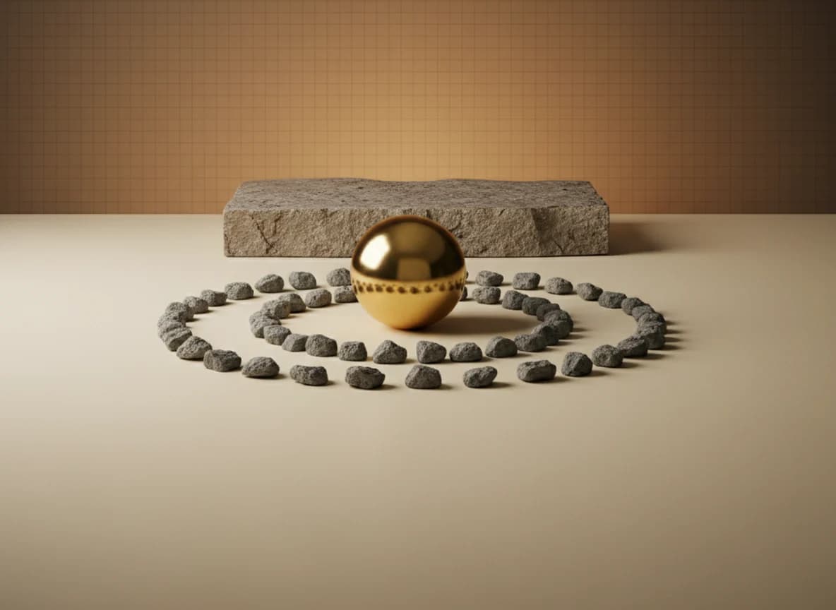 Small grey stone pebbles lying in loose concentric rings around a single brass sphere on a cream floor