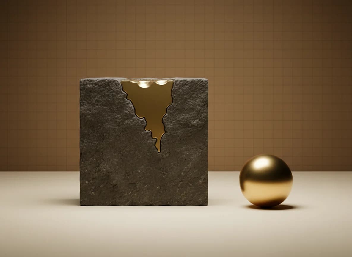 A brass piece cut to fit an irregular notch in a stone block exactly, with a plain brass sphere resting apart on the floor