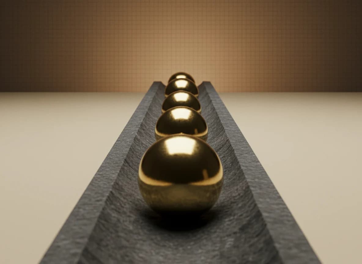 Four brass spheres along a stone channel, the nearest sitting proud and each one further back sunk deeper until only a crown shows