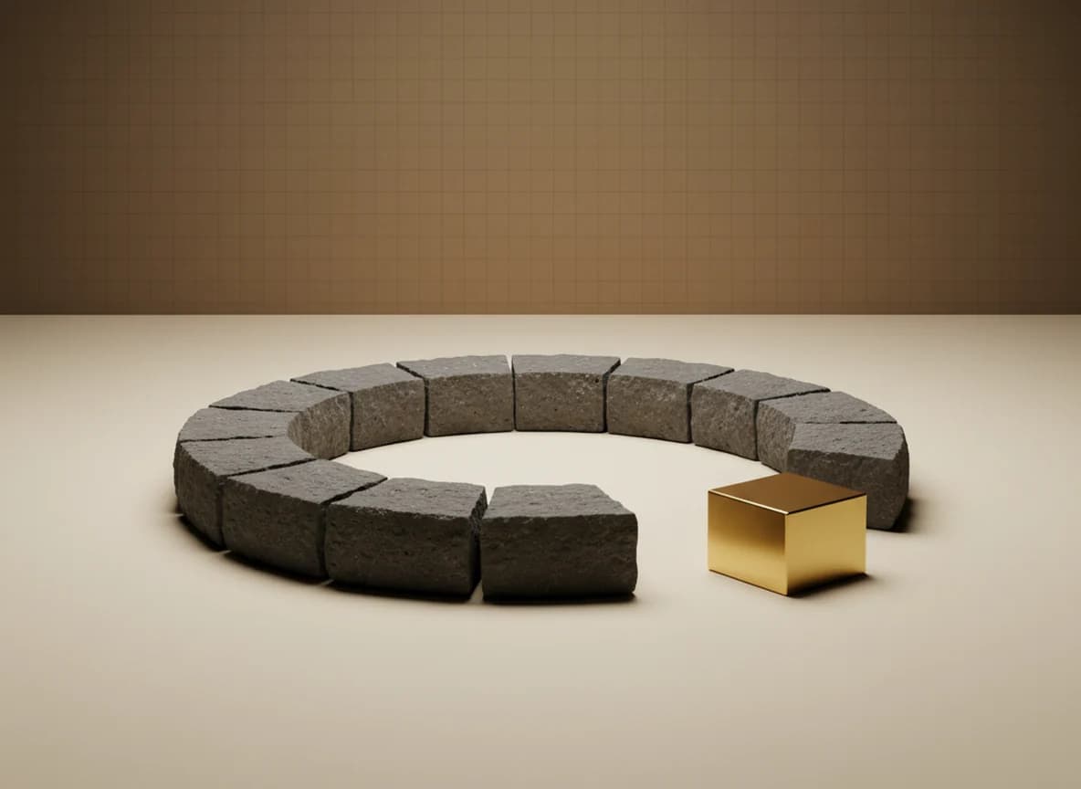 A stone ring lying flat with one segment missing and a brass block cut to that exact shape resting beside the gap