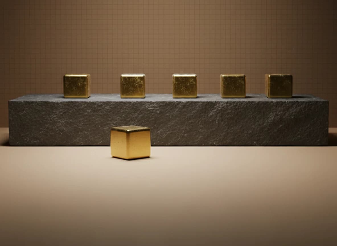 Several brass cubes pushed to the shadowed back of a stone shelf, with one cube pulled forward to the lit front edge