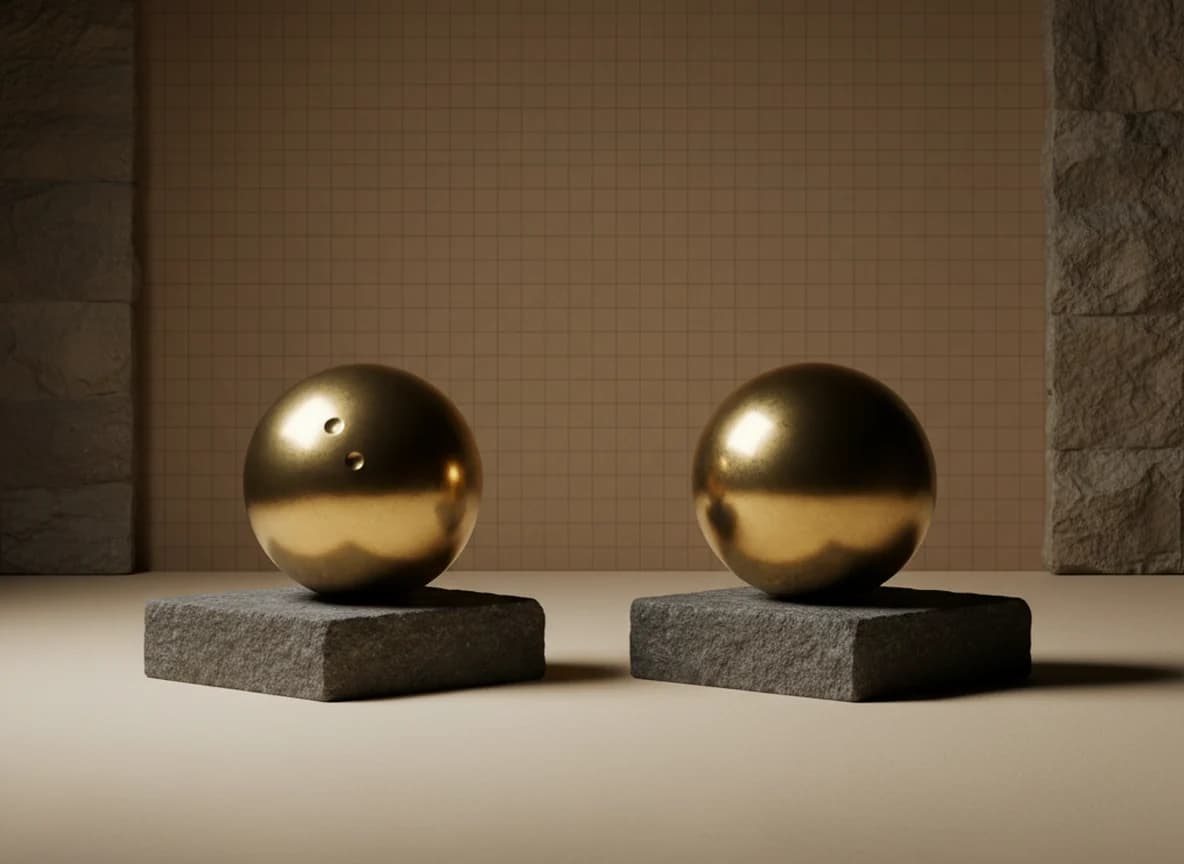 Two brass spheres on stone plinths, one dented on the lit side facing the camera and the other turned toward a stone wall in shadow