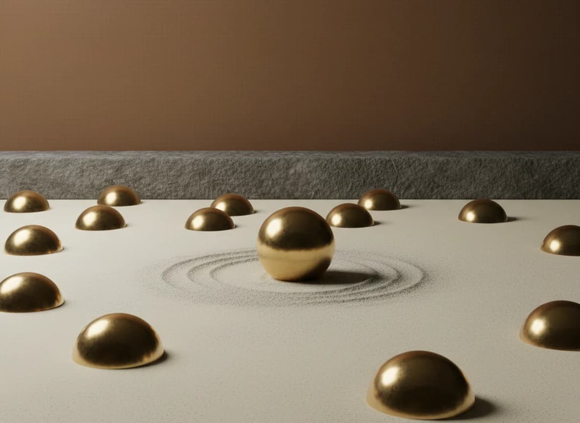 A dust covered floor with the tops of many brass spheres just showing through, and one sphere swept fully clear and standing bright