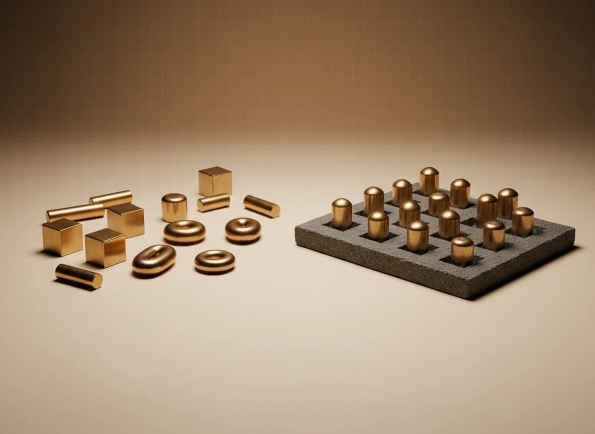 Brass cubes, rods, rings and ovoids scattered loose on the floor on one side, and the same kinds of shapes seated upright in cut recesses in a dark stone tray on the other