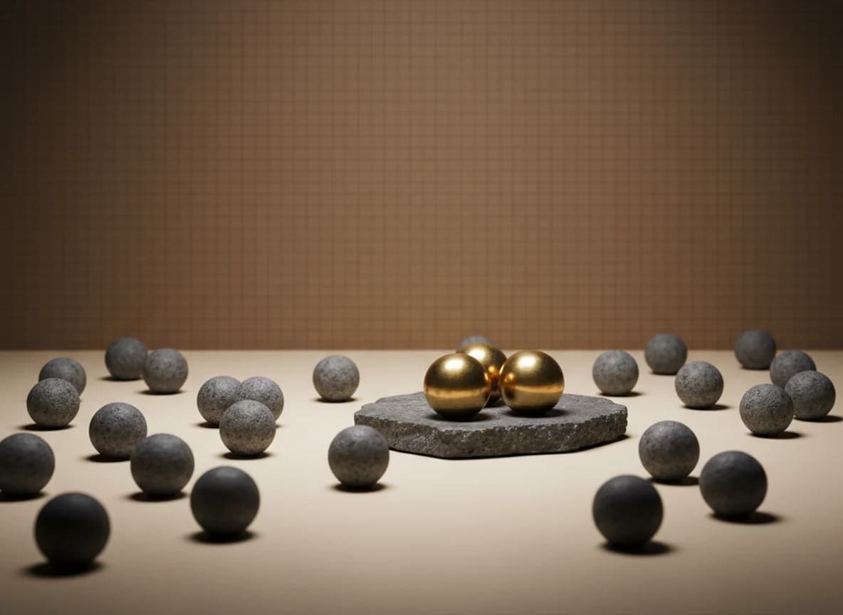 A small stone tray holding three brass spheres set amid a wide scatter of grey stone spheres on a cream floor