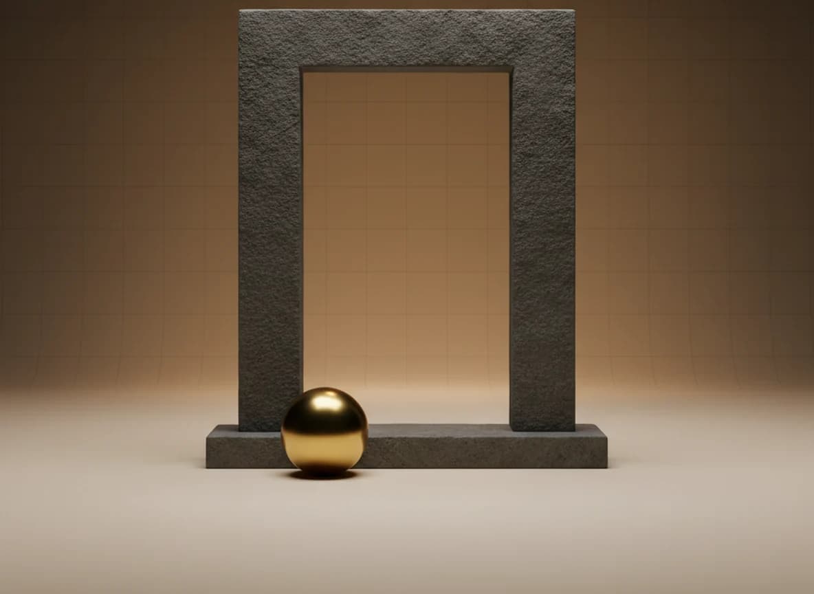 A brass sphere resting against the outside of the sill of a stone doorway, touching the threshold but not through it