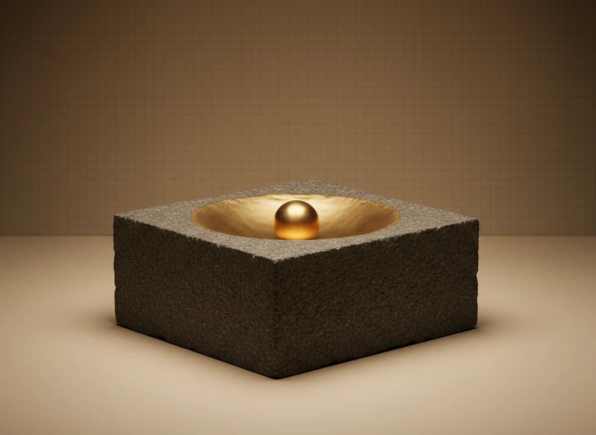 A rough dark stone block whose top face has been worn into a smooth polished hollow, with a single brass sphere resting in the hollow