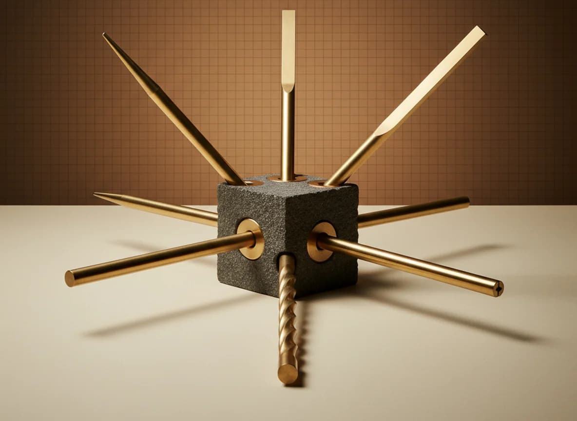 Five brass rods of different shapes arriving from different directions and seating flush into cut recesses in one dark stone block at the centre