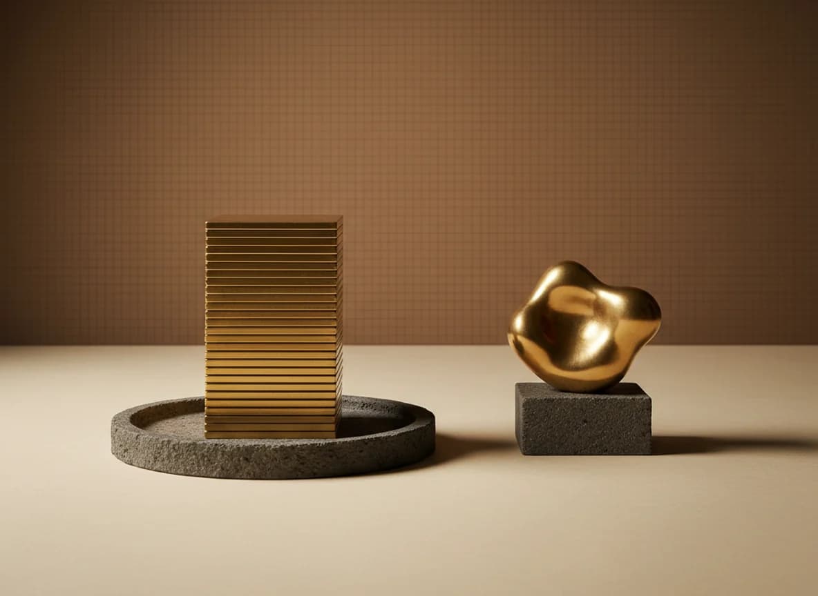 A stone tray of identical stacked brass tiles at left and one irregular brass form on its own stone plinth at right