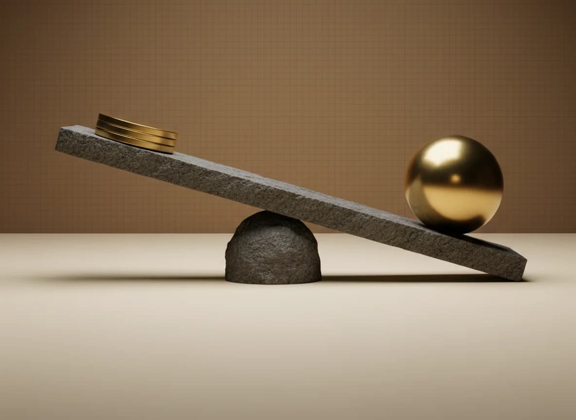 A stone balance beam with one large brass sphere on one end outweighing a short stack of thin brass discs on the other