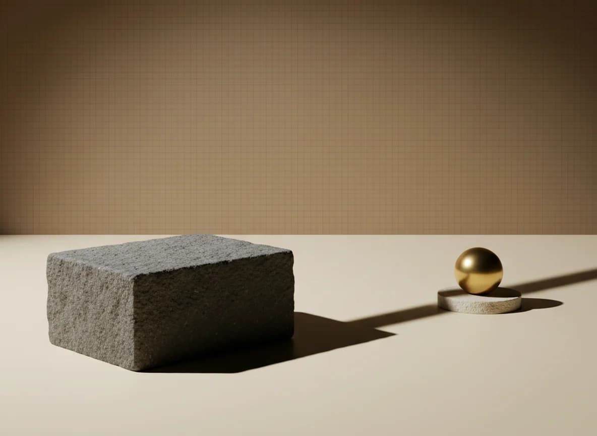 A large dull stone block with a short shadow beside a small polished brass sphere on a plinth casting a long shadow across the floor