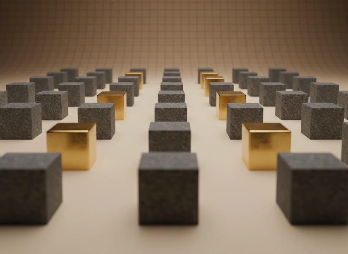 A wide field of grey stone cubes with seven polished brass cubes scattered among them near the front