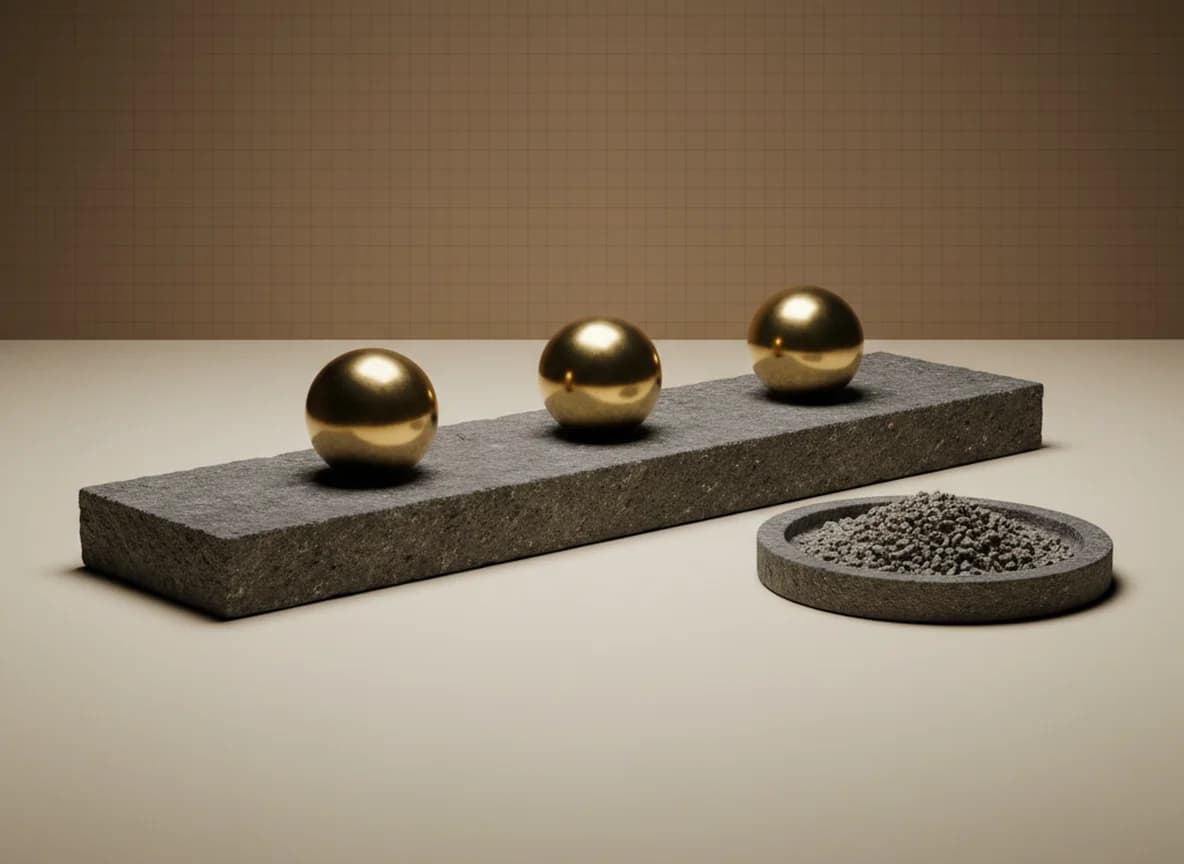 Three large brass spheres spaced along a stone slab with clean gaps between them, and a stone tray of small grey pebbles set aside on the floor
