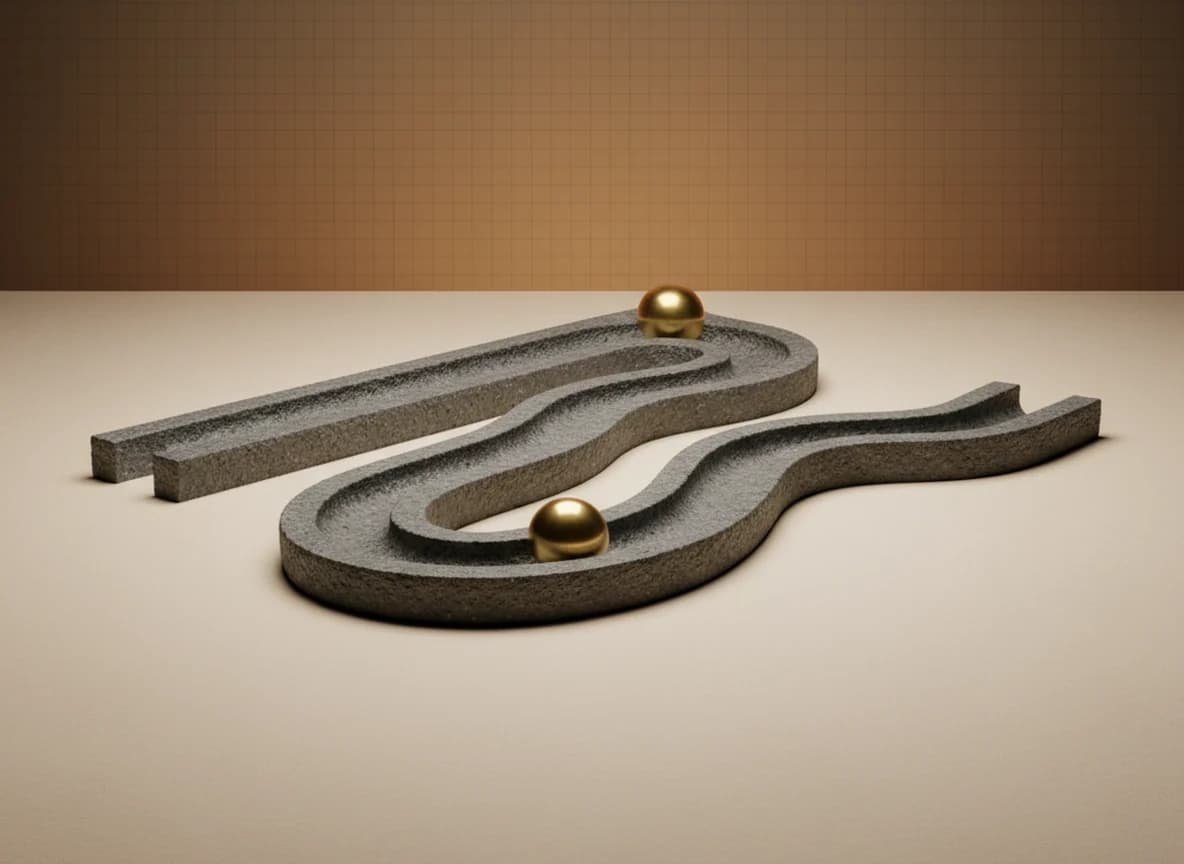 Two channels in a stone slab, a brass sphere resting at the end of the short straight one and another stalled partway along the long winding one