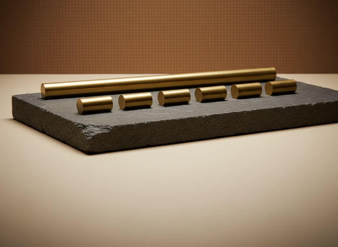 Two brass rods of equal length on a stone slab, one unbroken and one cut into five evenly spaced segments