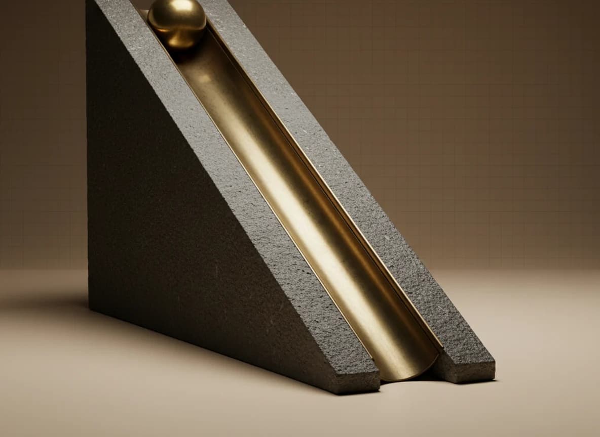 A stone ramp with a deep polished groove worn down its centre and one brass sphere resting in the groove at the top