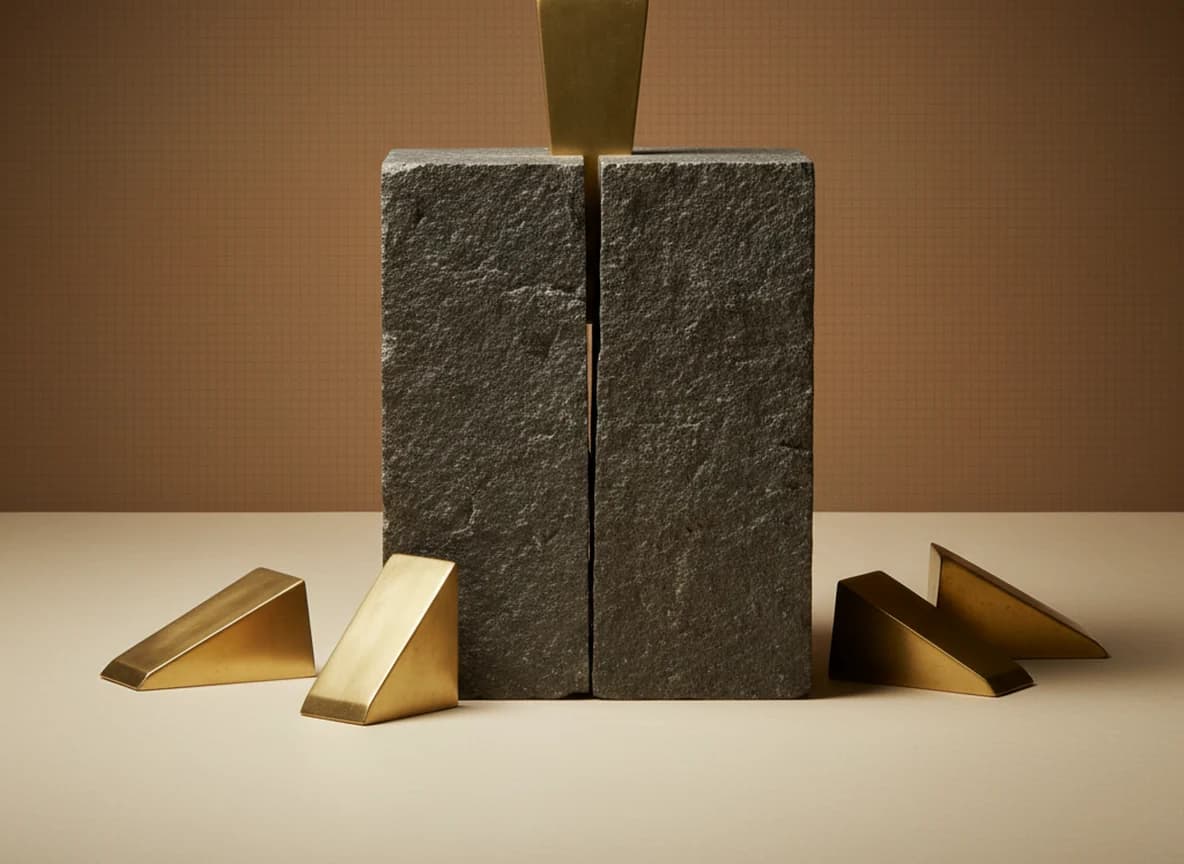 A brass wedge seated in the split of a stone block, with three more brass wedges lying unused on the floor around it
