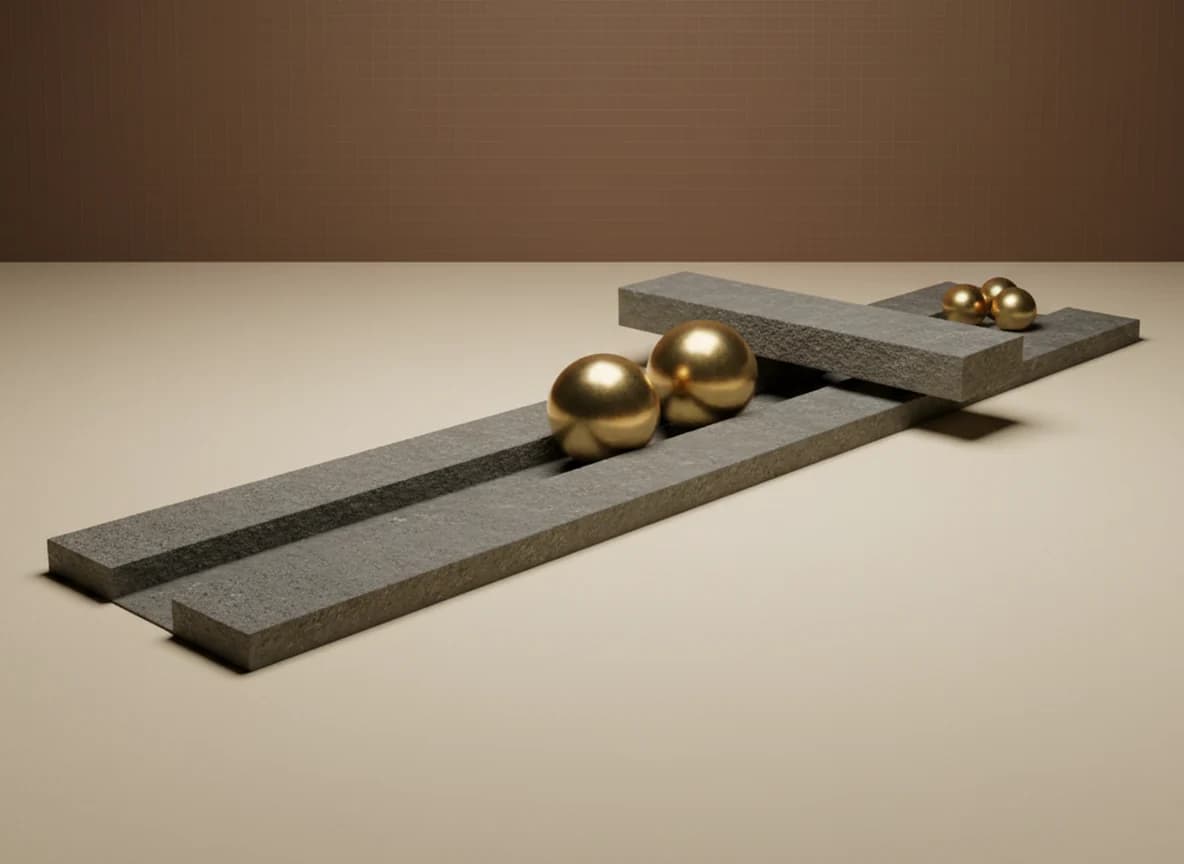A stone channel with a low stone bar across it, three small brass spheres resting beyond the bar and two larger spheres stopped in front of it