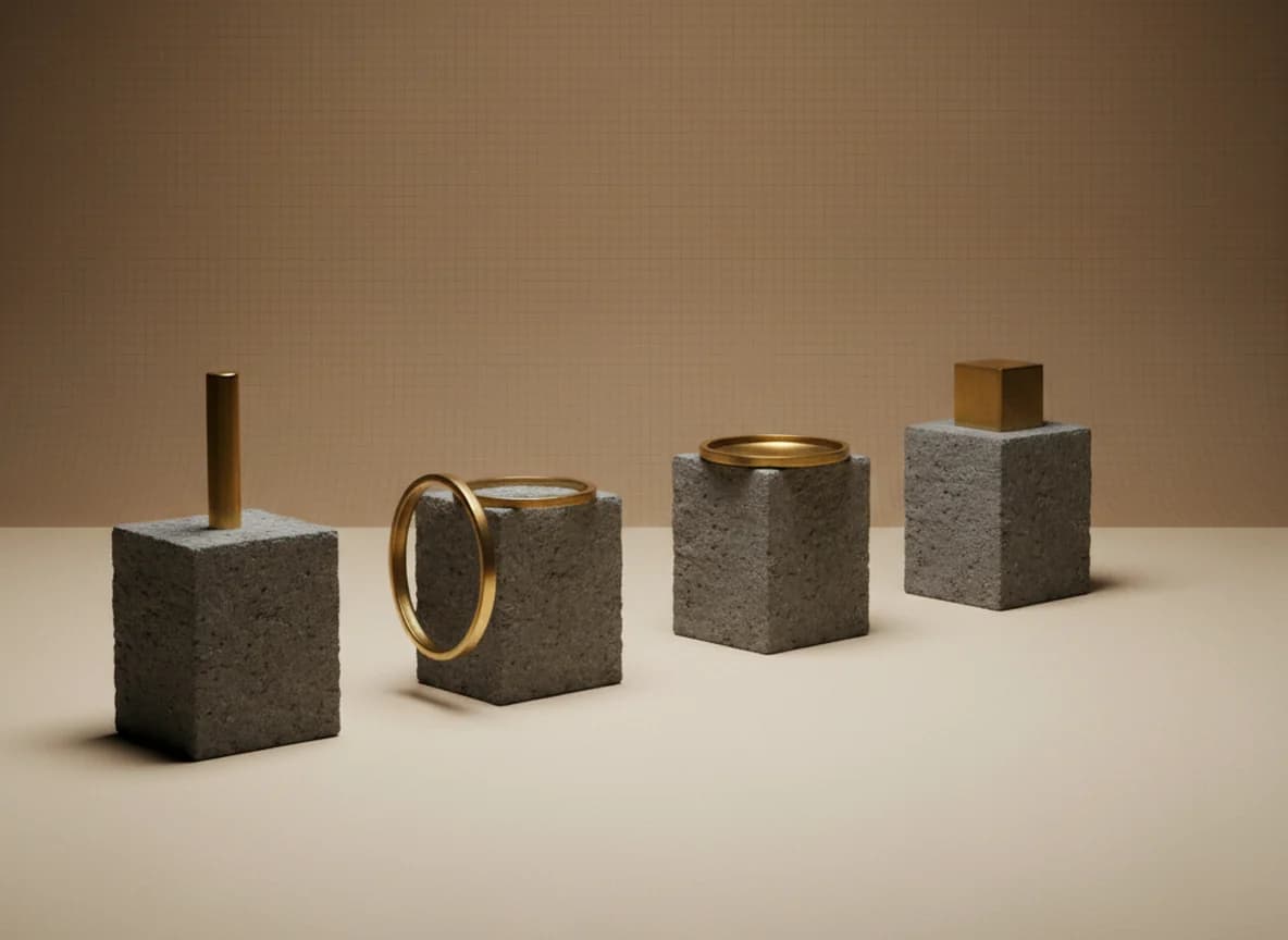 Four stone blocks standing apart, each holding one unconnected brass part: a rod, a ring, a disc and a cube