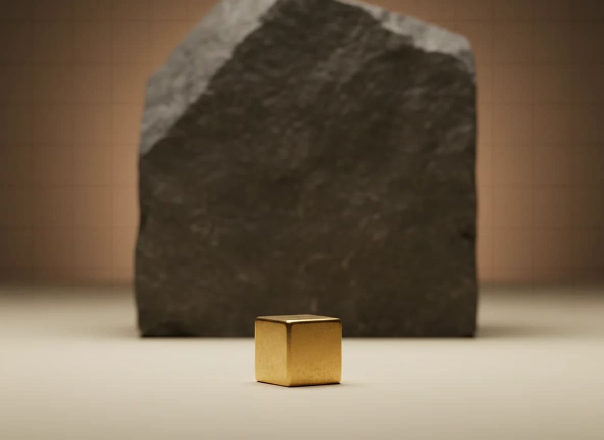 A small polished brass cube in sharp focus with a far larger blurred stone block of the same shape looming directly behind it