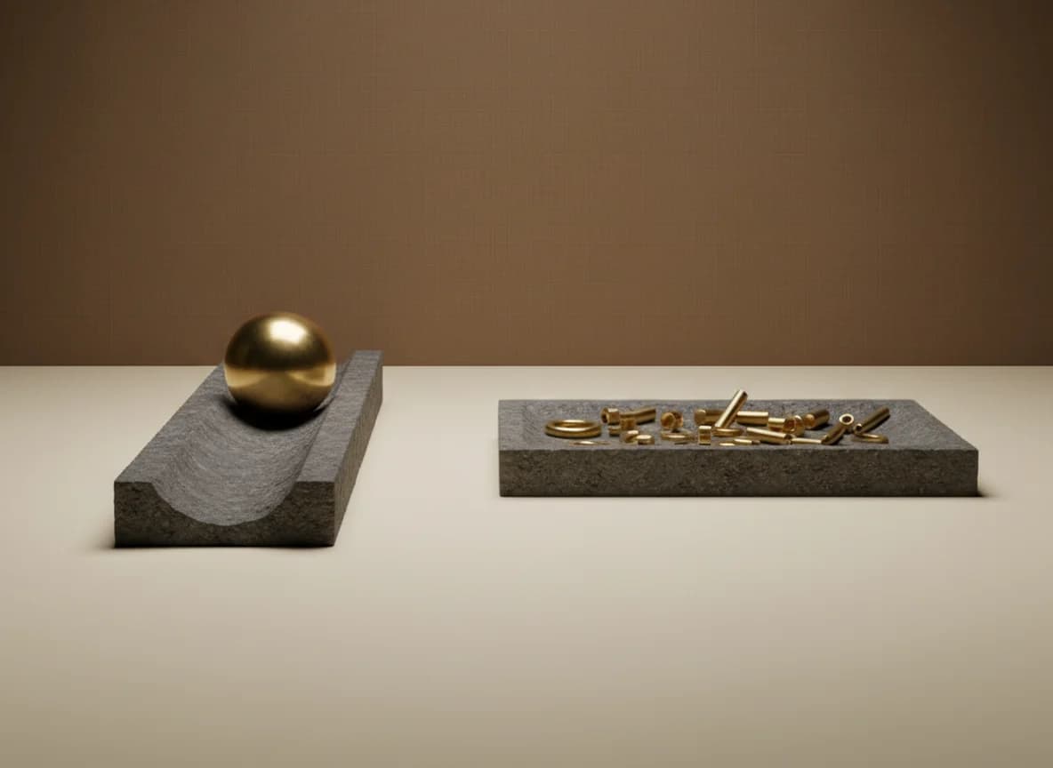 A finished stone channel with a brass sphere at its far end beside a stone tray holding a loose jumble of unassembled brass parts