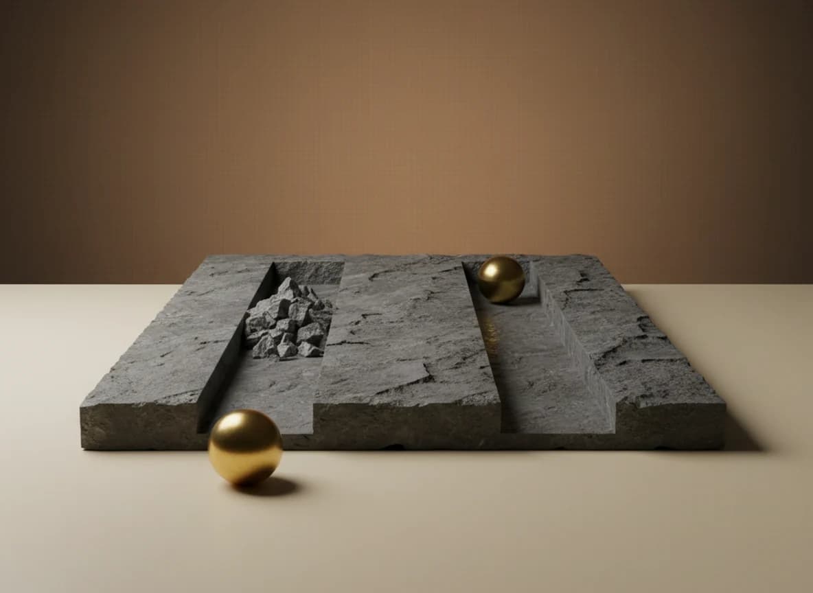 Two stone channels side by side, the left one blocked at its mouth by a pile of rubble with a brass sphere waiting outside it and the right one clear with its sphere at the far end