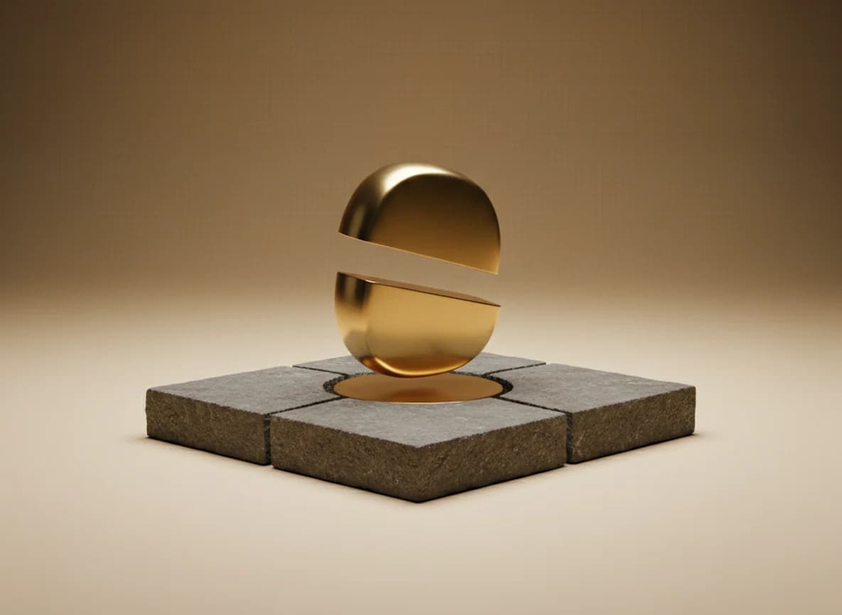 A brass form on a dark stone slab cut into four interlocking pieces with matching seams, one piece lifted clear to show the cut faces on both sides