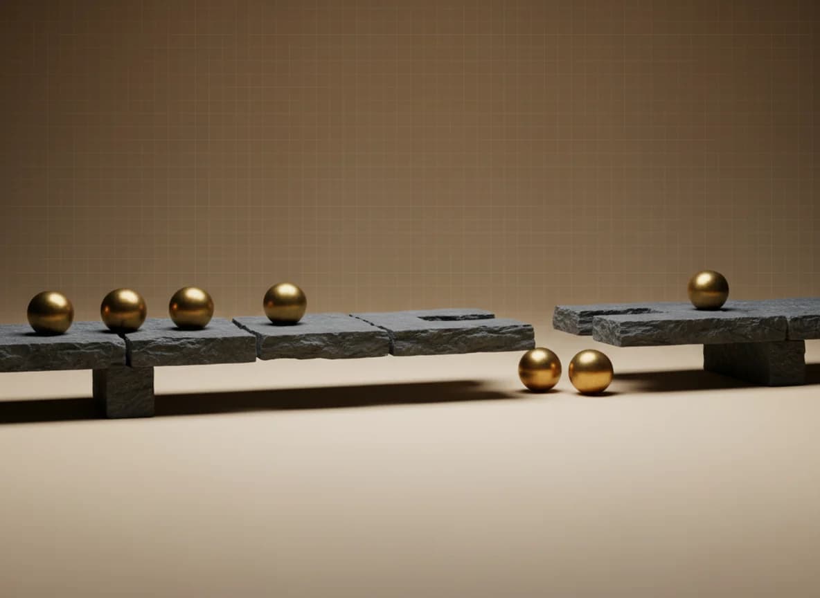 Brass spheres travelling along a raised stone channel built with two gaps in it, with two spheres fallen through the gaps onto the floor below