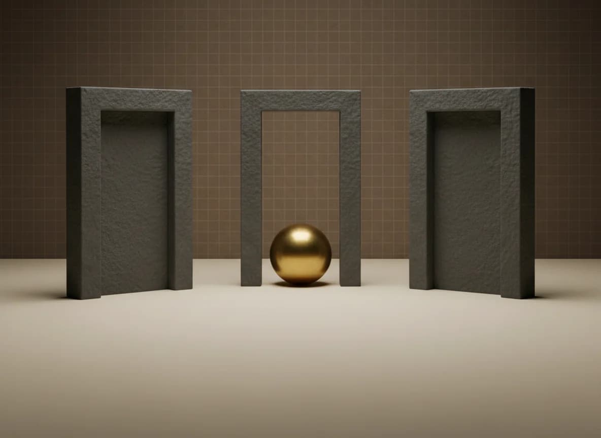 Three rough stone doorways on a cream floor, two blocked with stone slabs and one open with a brass sphere resting just inside it