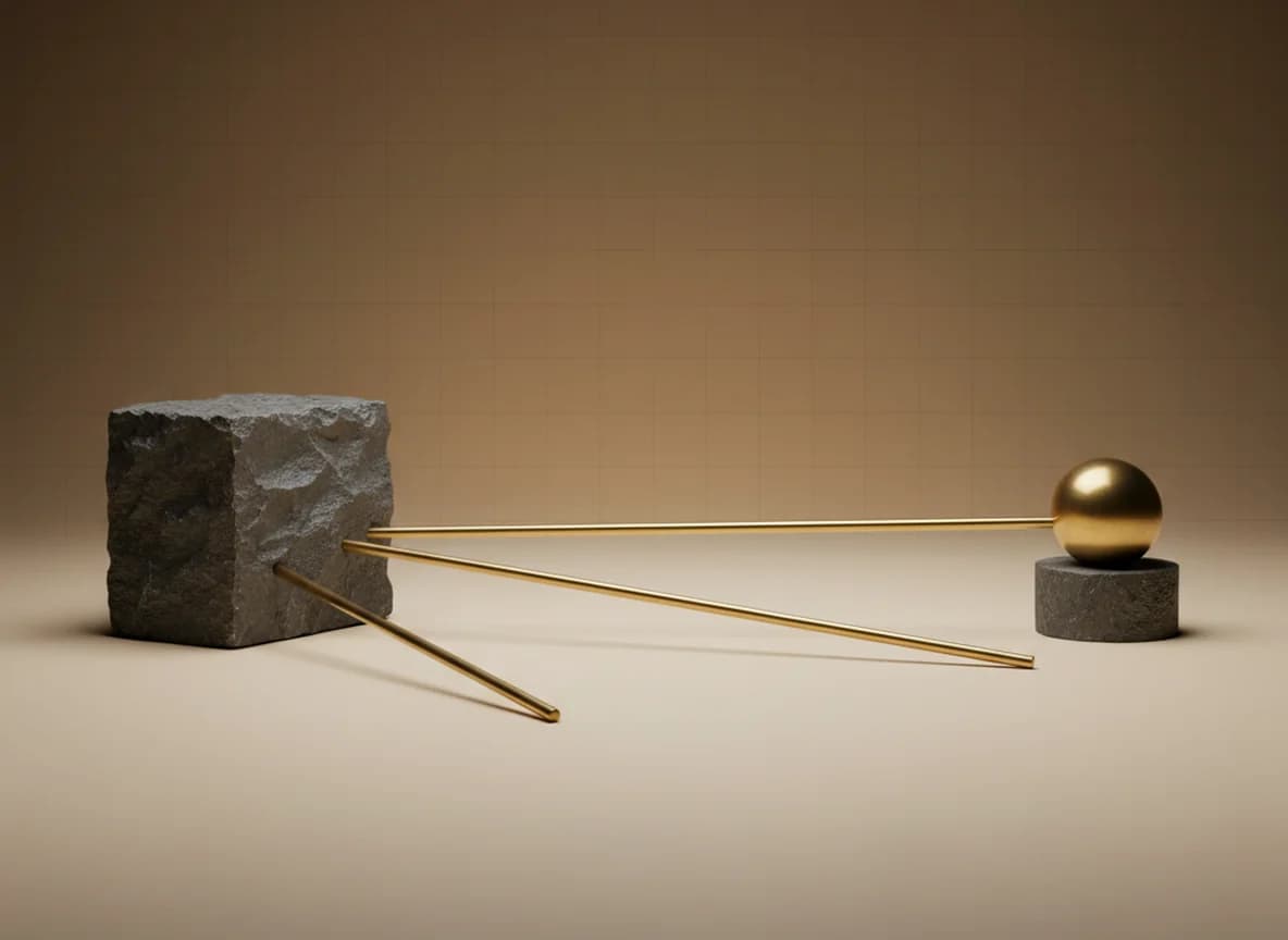 Three brass rods fanning out from a stone block across a cream floor, only the middle one reaching a brass sphere on a small plinth