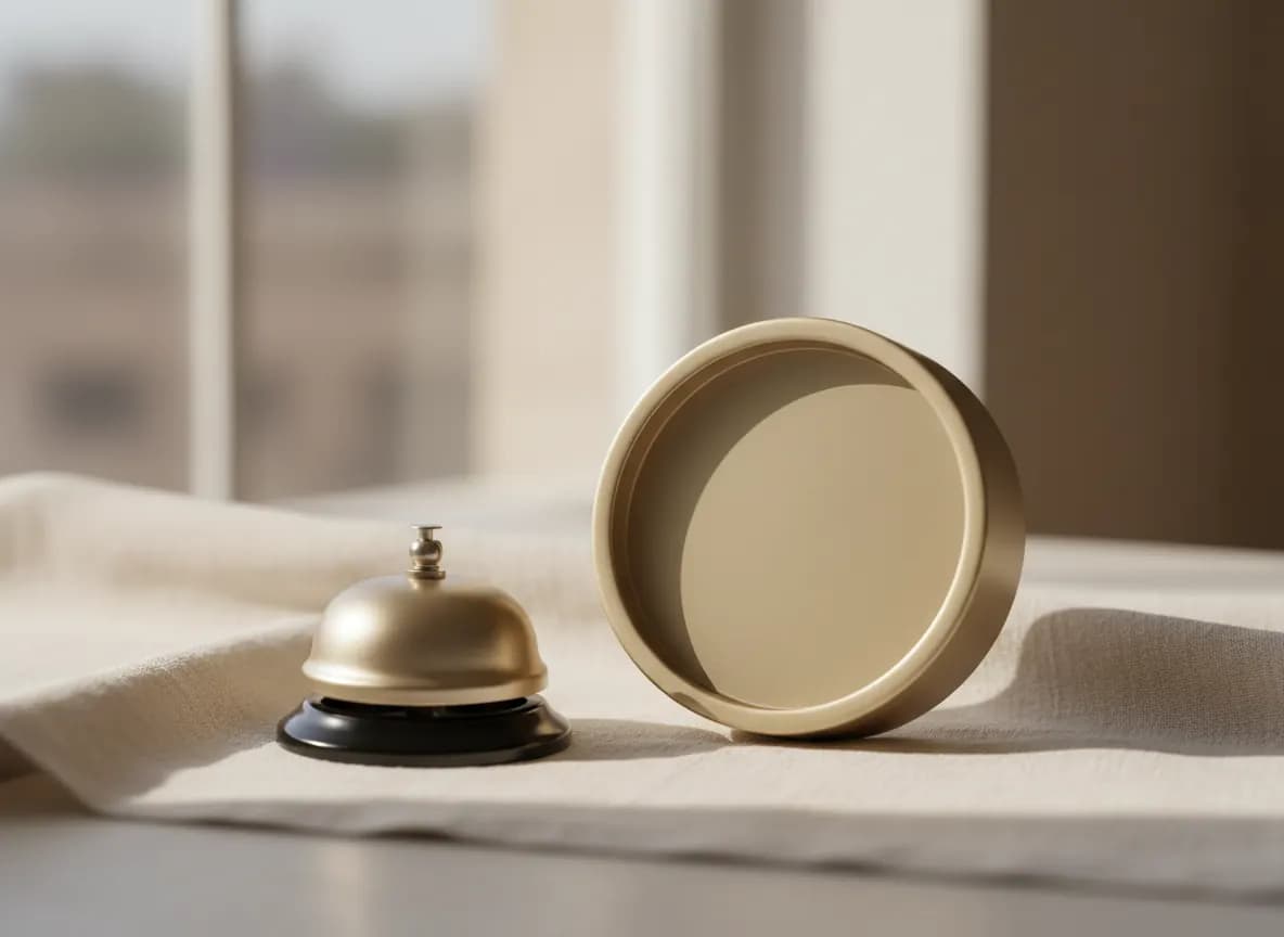 A small champagne colored service bell beside a round champagne toned desk clock with a blank face, on ivory linen in soft window light