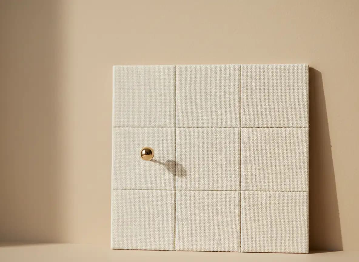 A plain ivory desk calendar board made of blank linen squares with a single champagne colored pin placed in one square, in soft daylight
