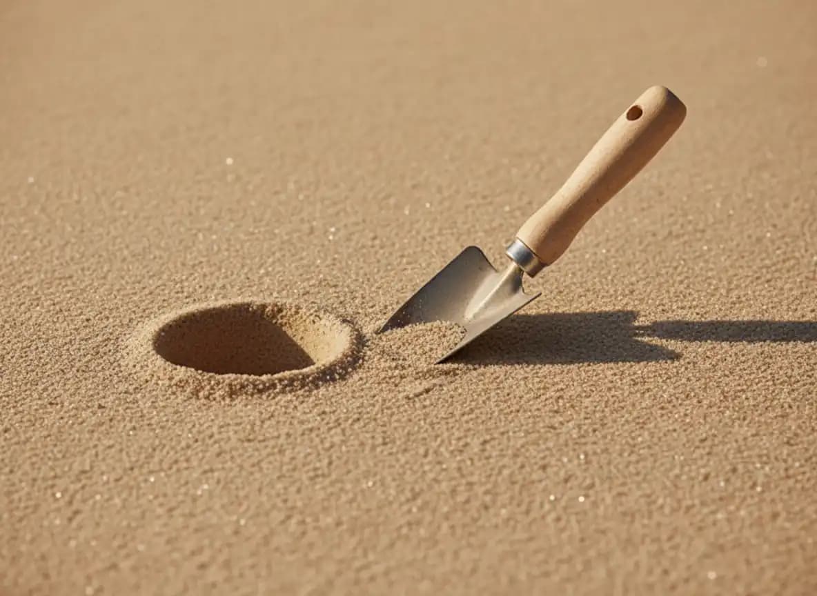 A small garden trowel with a pale wooden handle resting on smooth fine sand beside a neatly dug round hole, in warm afternoon light