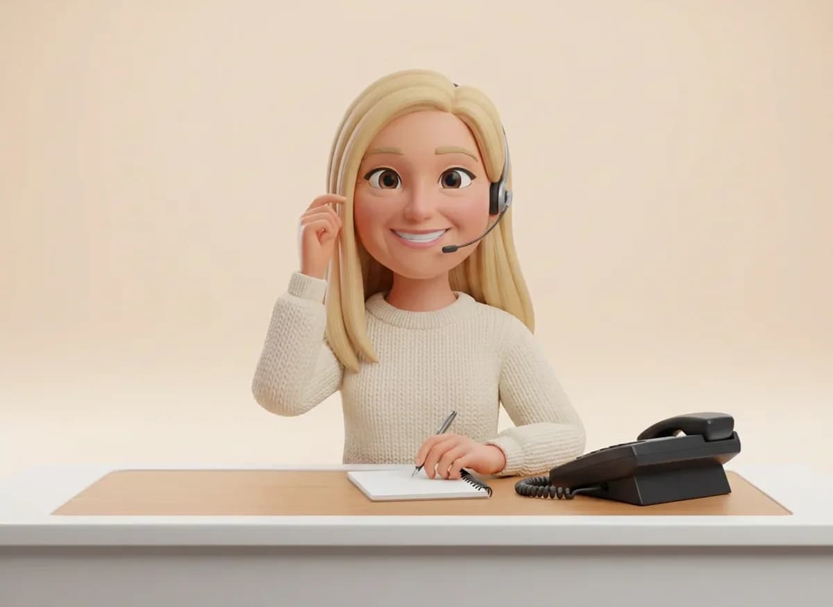 Mary, a 3D cartoon character with long blonde hair, a cream knit sweater and a headset, taking a call at a reception desk
