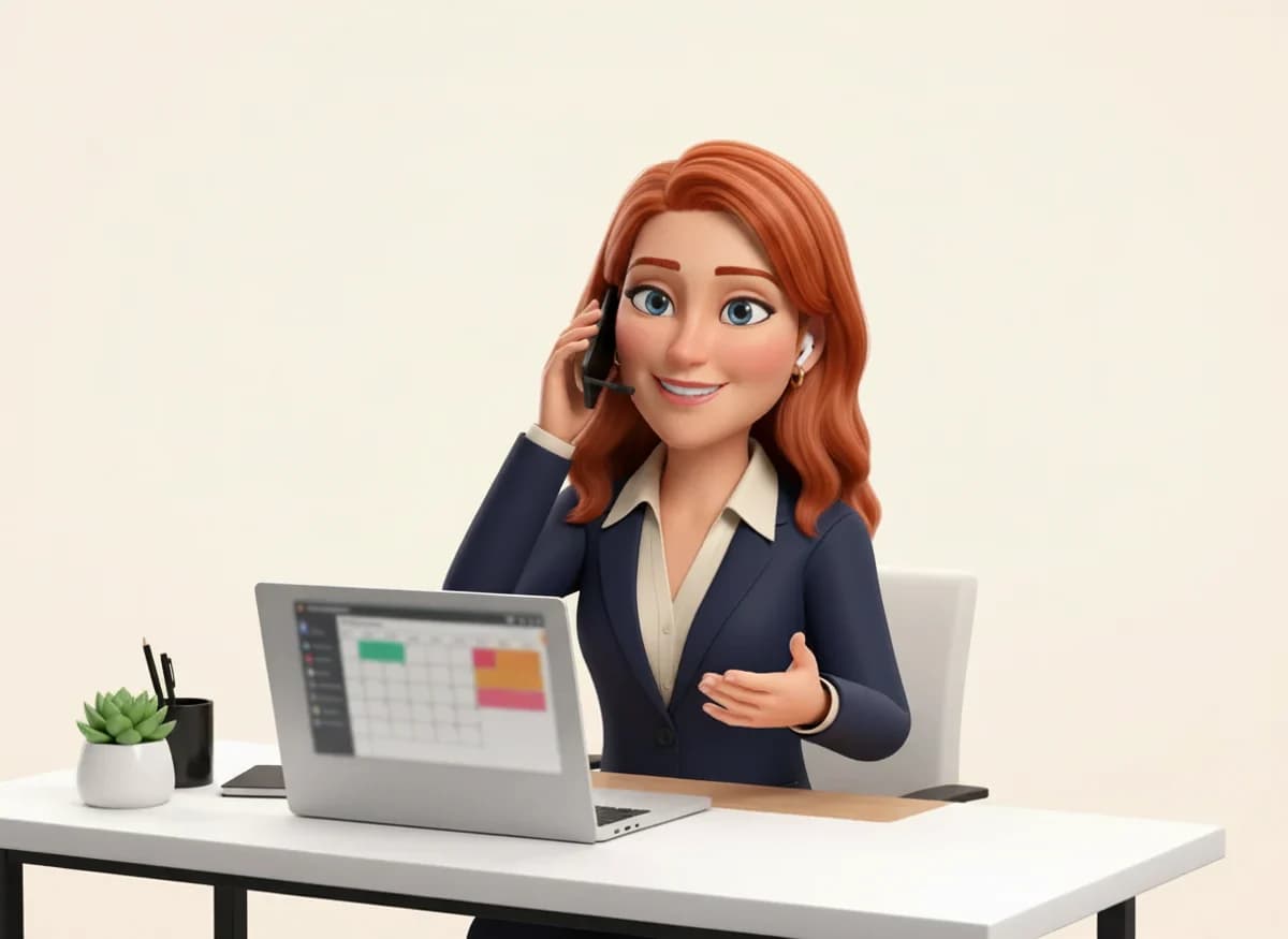 Danielle, a 3D cartoon character in a navy blazer, on a headset call at her desk with a calendar open on her laptop