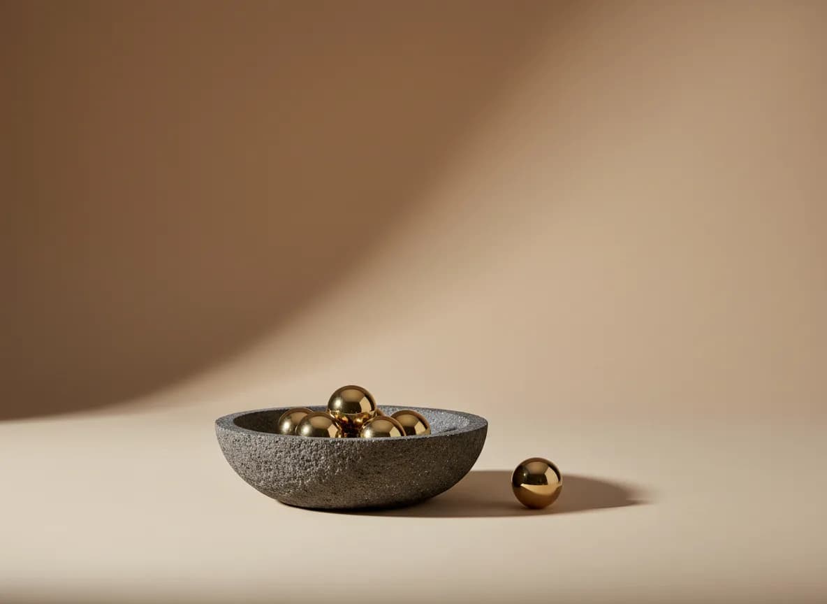 Seven small brass spheres gathered in a shallow charcoal stone bowl with one larger sphere beside it