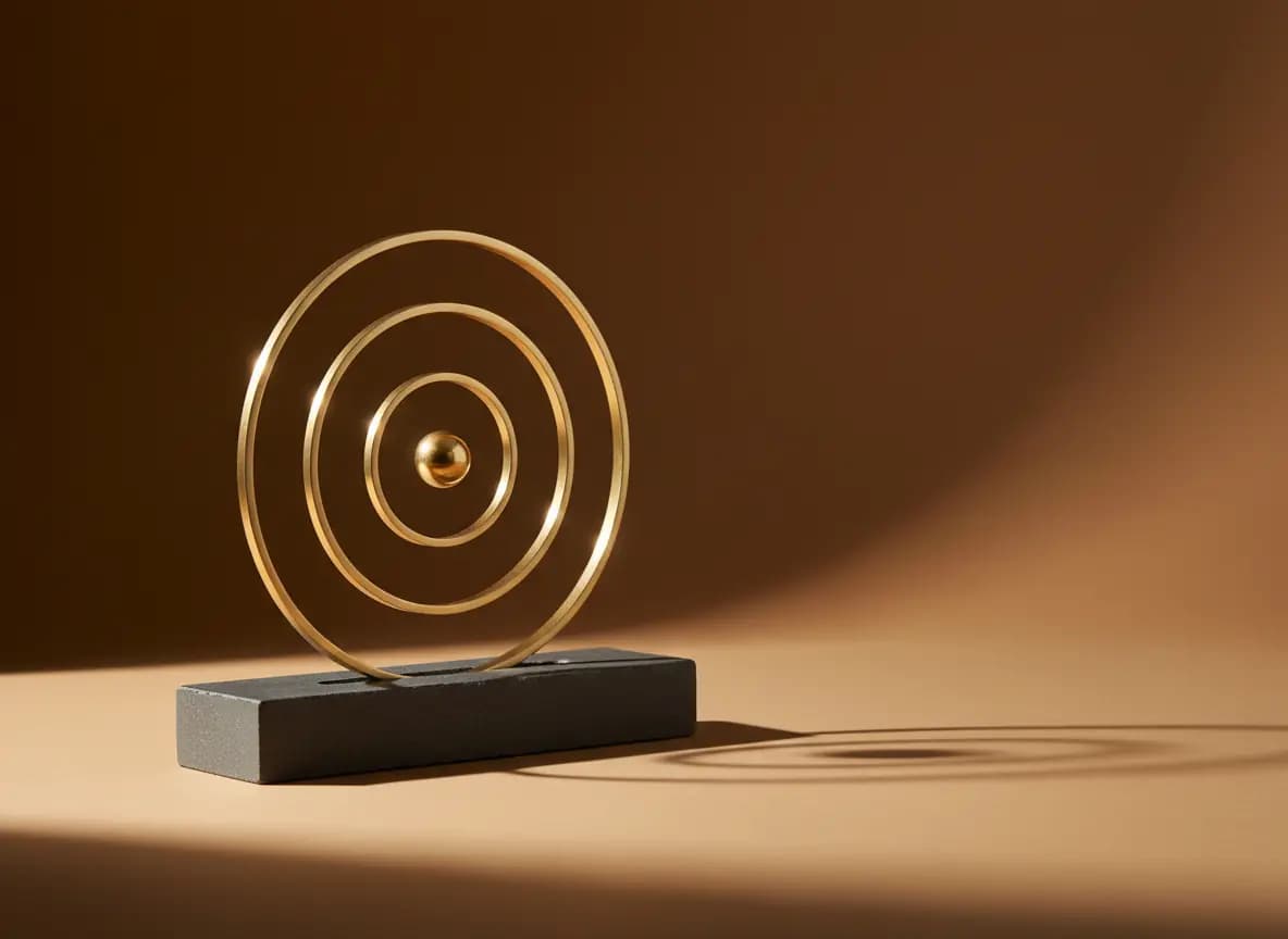 Three thin brass rings standing upright in a low charcoal stone base with a small brass sphere at their center