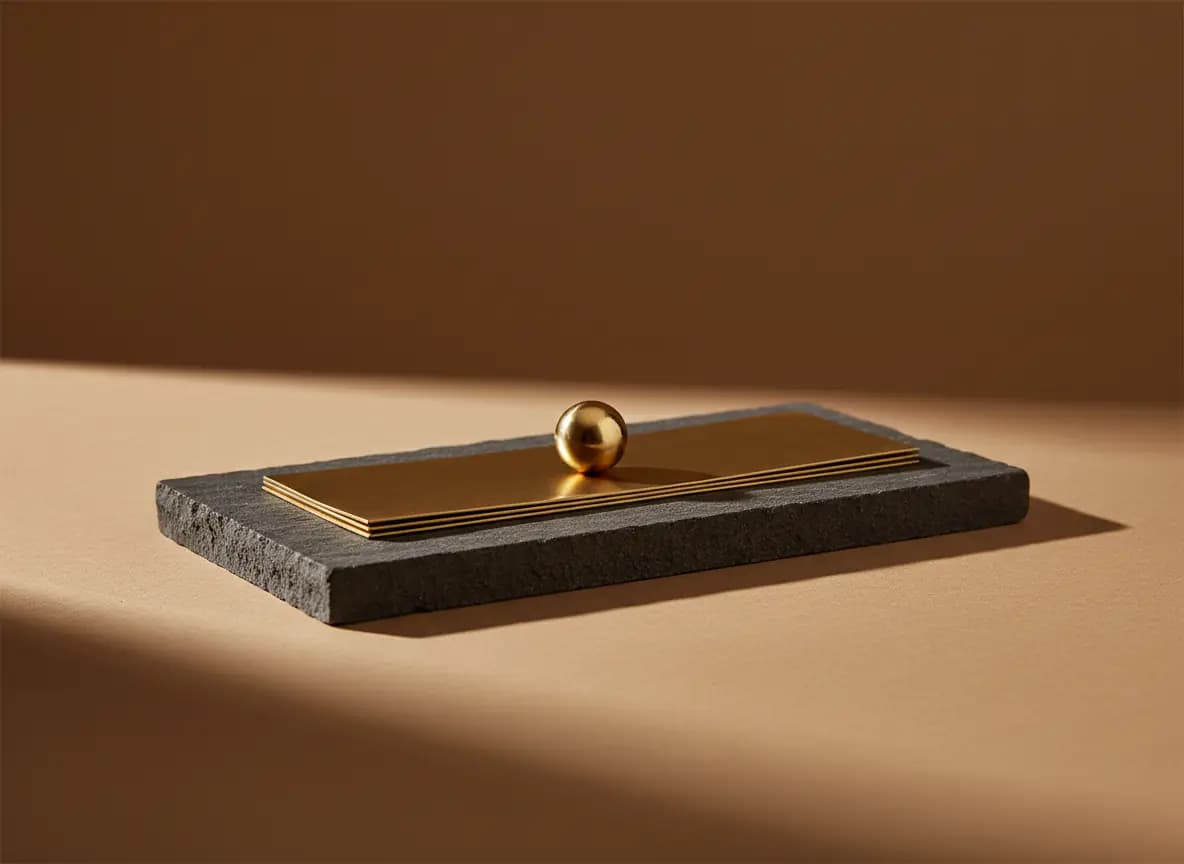 A neat thin stack of brass sheets on a charcoal stone slab with a small brass sphere on top