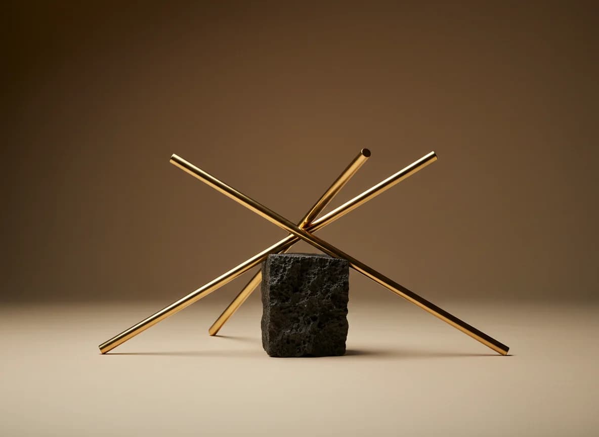 Thin brass rods crossing over a small charcoal stone block on a warm brown backdrop