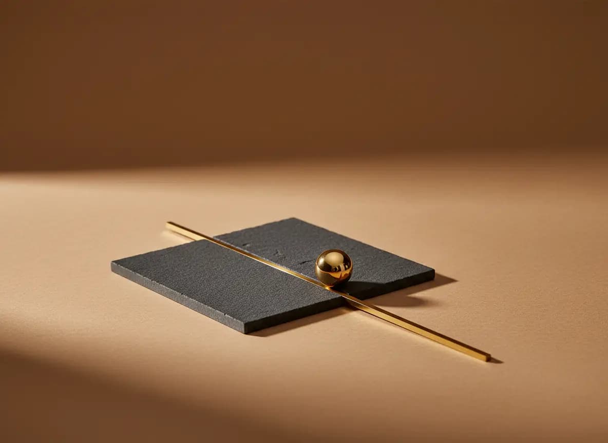 A square charcoal stone tile with a thin brass line inlaid across it and a small brass sphere at its end