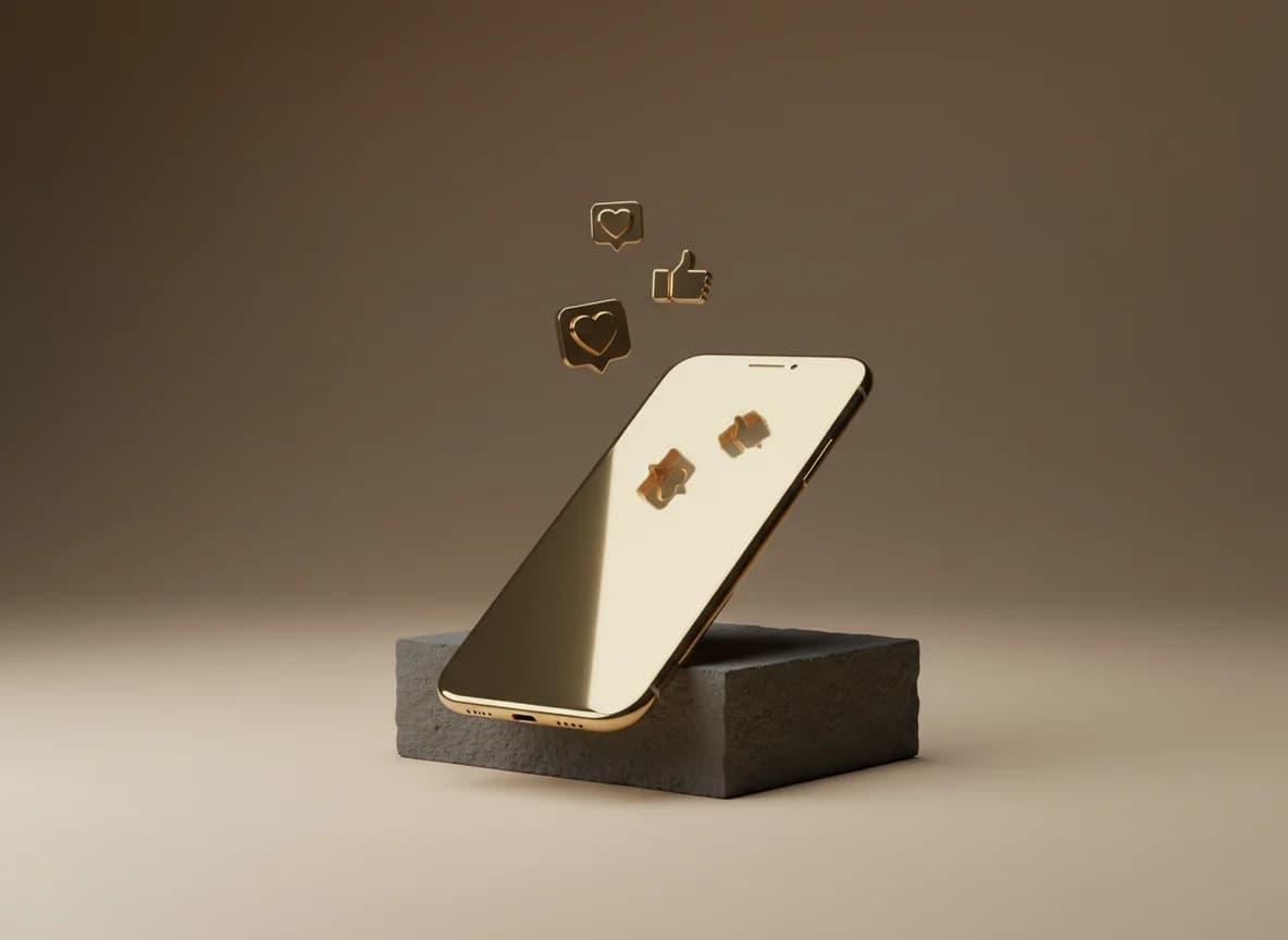 A brass smartphone on a stone block with small heart and thumbs-up tokens above it
