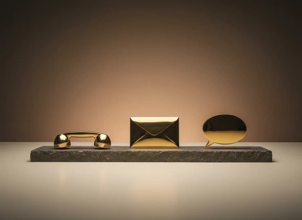 A brass phone handset, envelope and speech bubble side by side on a stone slab
