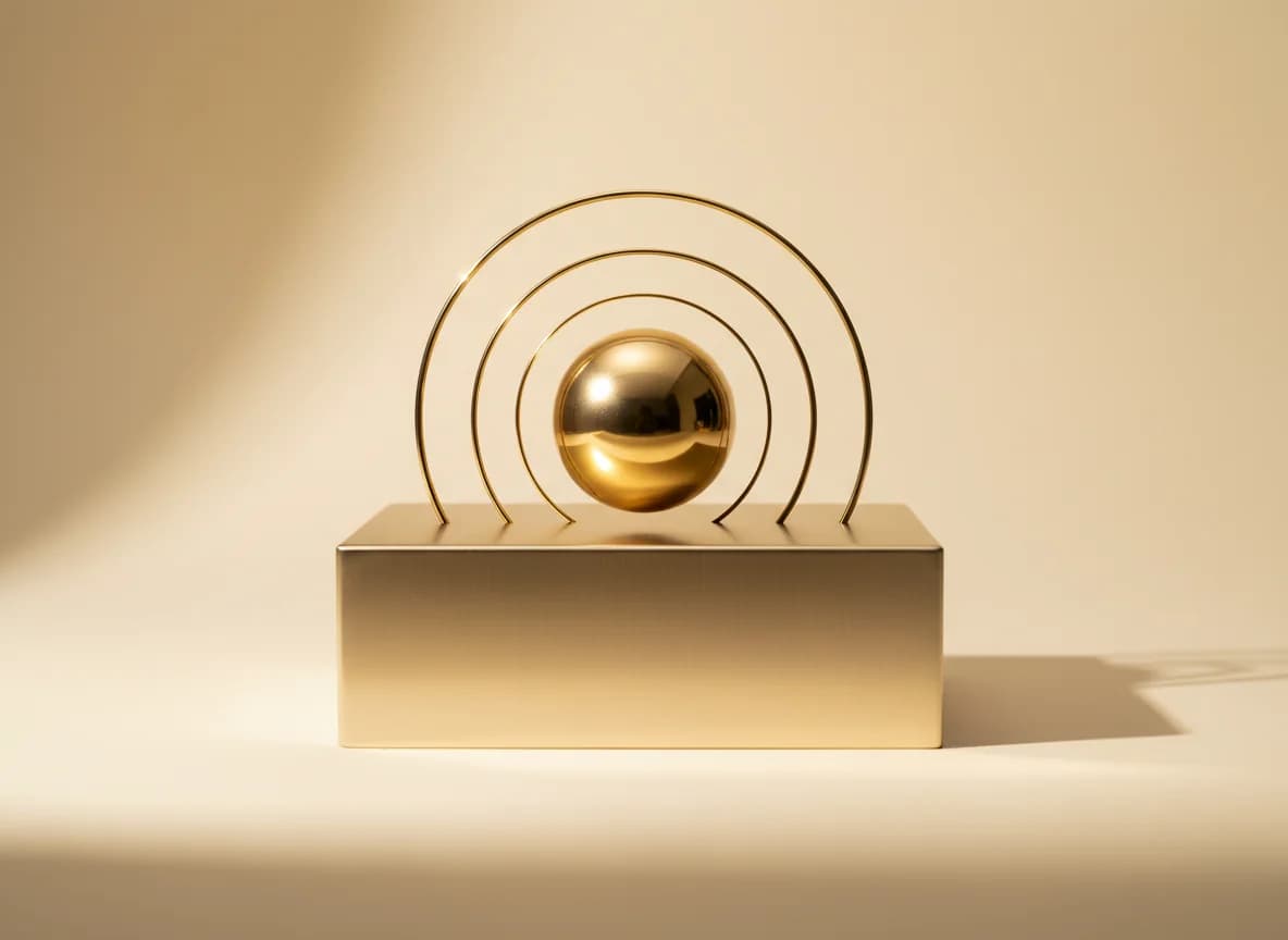 A polished gold sphere on a champagne plinth with three gold rings rising around it like sound waves
